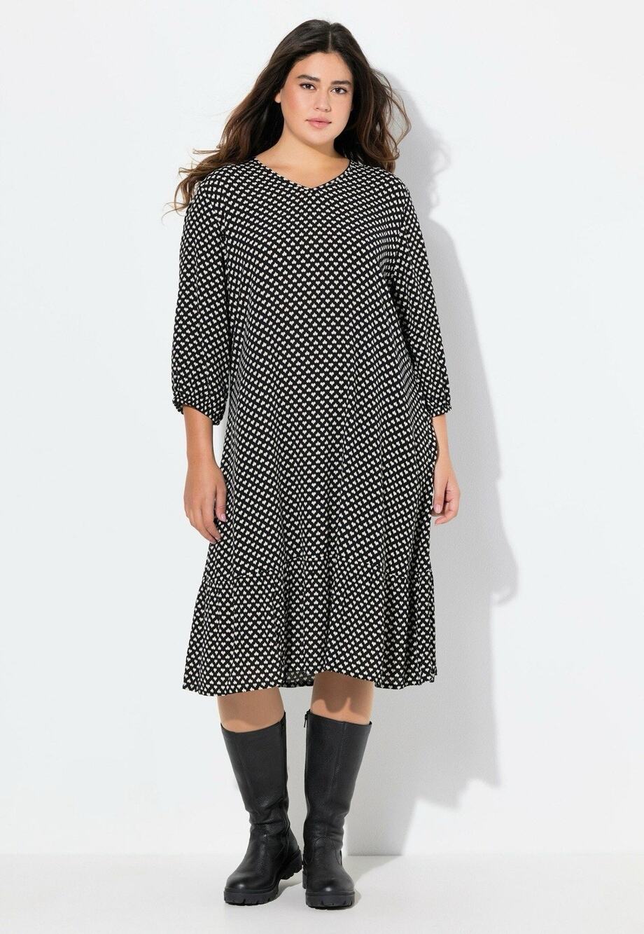 Ulla Popken Midi Dress Womens Sz 32/24 Black White Heart Print Flounce Hem